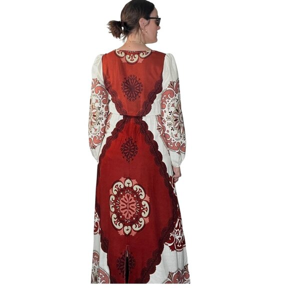 Marfinno Linen Medallion Maxi Dress Long Sleeve Cream Orange Medium - Picture 5 of 16